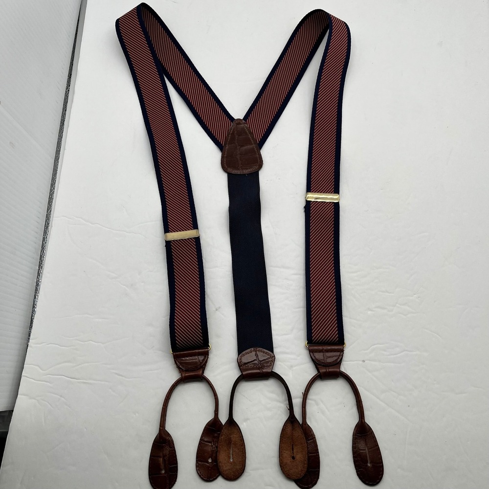 G&S Germany Mens Suspenders Red Navy Blue Striped Leather Button Y-Back Braces
